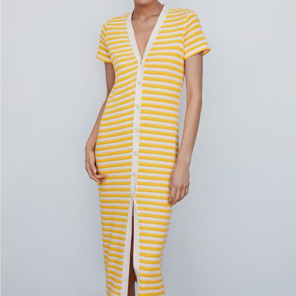 Mango Yellow and White Striped Midi Dress